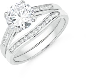 Sterling-Silver-Cubic-Zirconia-Solitaire-Curve-Band-Bridal-Set-Size-P on sale