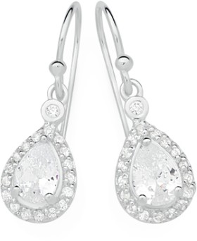 Sterling-Silver-Pear-Cubic-Zirconia-Halo-Drop-Hook-Earrings on sale