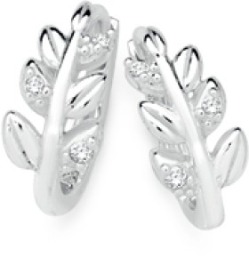 Sterling+Silver+Cubic+Zirconia+Leaves+on+Vine+Huggie+Earrings