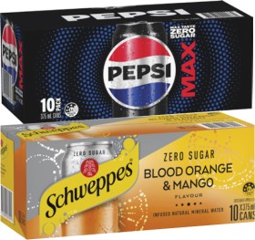 Pepsi-or-Solo-Soft-Drink-or-Schweppes-Infused-Sparkling-Water-10x375mL on sale