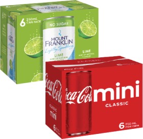 Coca-Cola+Soft+Drink+or+Mt+Franklin+Lightly+Sparkling+Water+6x250mL