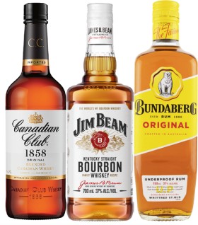 Canadian-Club-Whisky-Jim-Beam-White-Label-Bourbon-or-Bundaberg-Original-Rum-700mL on sale