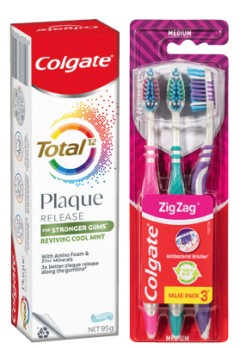 Colgate+Total+Plaque+Release+Toothpaste+95g%2C+Zig+Zag+Toothbrush+3+Pack+or+Optic+White+Mouthwash+500mL+Selected+Varieties