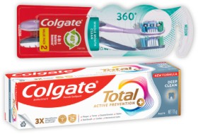 Colgate+360%26deg%3B+Toothbrush+2+Pack%2C+Total+Premium+Toothpaste+115g+or+Plax+Mouthwash+500mL+Selected+Varieties