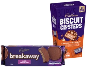 Cadbury-Biscuit-Clusters-120g-or-Breakaway-Milk-Chocolate-Biscuits-180g-Selected-Varieties on sale