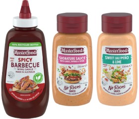 MasterFoods+Spicy+Barbecue+Wing+Sauce+500mL%2C+No+Rules+Signature+or+Sweet+Jalepeno+%26amp%3B+Lime+Sauce+250mL