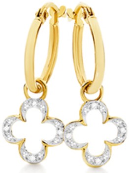 9ct-Gold-Diamond-Clover-Drop-Hoop-Earrings on sale