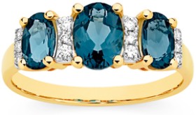 9ct+Gold+London+Blue+Topaz+%26amp%3B+Diamond+Oval+Trilogy+Ring