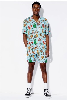 Kenji+Christmas+Print+Linen+Blend+Shirt+-+Blue