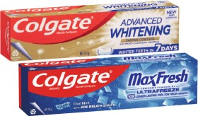 Colgate-Advanced-Whitening-Tartar-or-Max-Fresh-Toothpaste-115g on sale