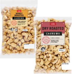 Coles-Dry-Roasted-Honey-Natural-or-Roasted-Salted-Cashews-400g-Pack on sale