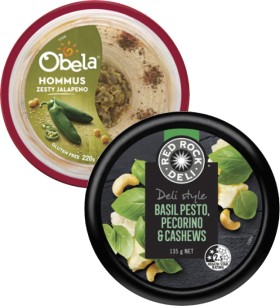 Obela-Garnished-Hommus-Dip-220g-or-Red-Rock-Deli-Dip-130g-135g on sale