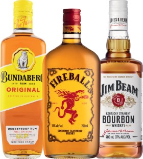 Bundaberg-Original-Rum-Fireball-Cinnamon-Whisky-or-Jim-Beam-White-Label-Bourbon-700mL on sale
