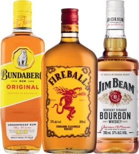 Bundaberg+Original+Rum%2C+Fireball+Cinnamon+Whisky+or+Jim+Beam+White+Label+Bourbon+700mL
