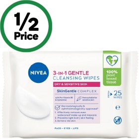 Nivea-Gentle-Biodegradable-Face-Cleansing-Makeup-Wipes-Pk-25 on sale