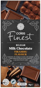 Coles-Finest-Belgian-Milk-Chocolate-Tiramisu-Flavour-Chocolate-90g on sale