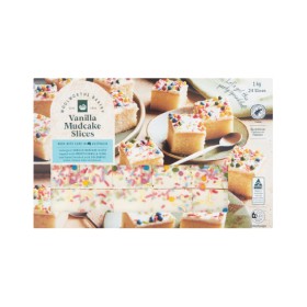 Woolworths-Hand-Finished-Vanilla-or-Chocolate-Mudcake-Slice-Varieties-Pk-24 on sale
