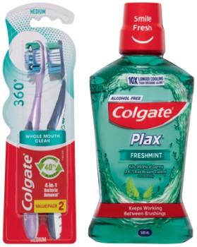 Colgate+360%26deg%3B+Toothbrush+2+Pack+or+Plax+Mouthwash+500mL+Selected+Varieties
