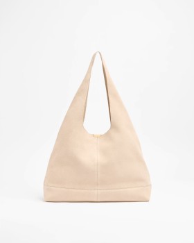 Genuine+Suede+Slouch+Shoulder+Bag+-+Sand