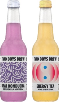 NEW+Two+Boys+Brew+Elderflower+%26amp%3B+Rose+Kombucha+or+Peach+%26amp%3B+Yuzu+Energy+Tea+330mL