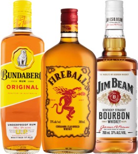 Bundaberg+Original+Rum%2C+Fireball+Cinnamon+Whisky+or+Jim+Beam+White+Label+Bourbon+700mL