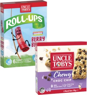 Uncle+Tobys+Muesli+Bars+145g-185g+or+Roll+Ups+94g