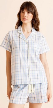 Soho-Womens-Core-Cotton-Short-Sleeve-PJ-Set-Blue-Check-Print on sale