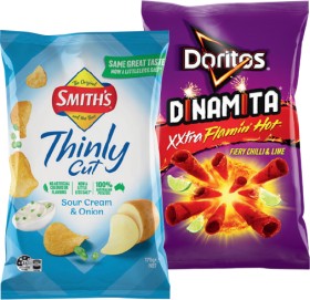 Smith%26rsquo%3Bs+Thinly+Cut+Chips+175g%2C+Doritos+Dinamita+XXtra+Flamin%26rsquo%3B+Hot+110g+or+Arnott%26rsquo%3Bs+Crackers+250g+Selected+Varieties