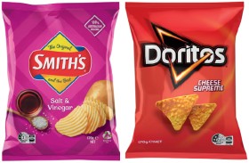 Smith%26rsquo%3Bs+Crinkle+Cut+Chips+or+Doritos+Corn+Chips+150%E2%80%91170g+Selected+Varieties