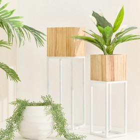 Manly-Wooden-Decorative-Pot-on-White-Metal-Stand-by-Habitat on sale