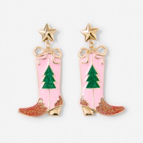Christmas+Cowboy+Boot+Earrings+-+Gold+Tone+and+Pink