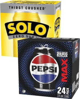 Pepsi-Max-or-Solo-Zero-Sugar-Soft-Drink-24x375mL on sale