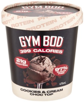 NEW-Gym-Bod-Cookies-Cream-Choc-Top-Protein-Dessert-Tub-475mL on sale