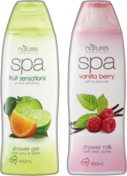 Natures-Organics-Spa-Shower-Milk-or-Gel-400mL-Selected-Varieties on sale