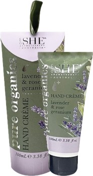 SHE-Aromatherapy-Pure-Organics-Lavender-Rose-Geranium-Flavour-Hand-Cream-100mL on sale