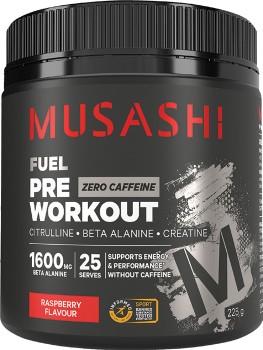 Musashi-Pre-Workout-Zero-Caffeine-Raspberry-225g on sale