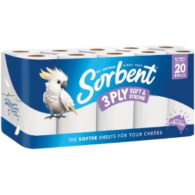Sorbent+3+Ply+Soft+%26amp%3B+Strong+Toilet+Paper+Pk+20