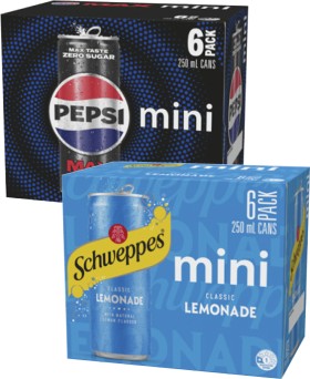 Pepsi-Max-Solo-or-Schweppes-Soft-Drink-6x250mL on sale