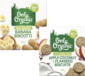 Only-Organic-Banana-Biscotti-or-Apple-Coconut-Flaxseed-Biscuits-100g on sale