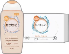 Femfresh+Feminine+Wipes+20+Pack+or+Liquid+Wash+250mL+Selected+Varieties