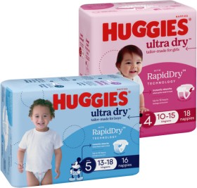 Huggies+Ultra+Dry+or+SkinProtect+Nappies+14-28+Pack+Selected+Varieties