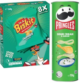Pringles+Chips+118%E2%80%91134g+or+In+A+Biskit+Drumstix+Snack+Bags+8+Pack+Selected+Varieties