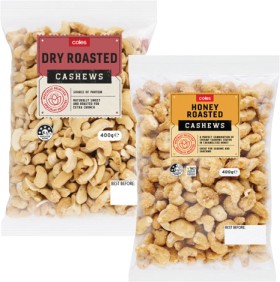 Coles+Dry+Roasted%2C+Honey%2C+Natural+or+Roasted+%26amp%3B+Salted+Cashews+400g+Pack