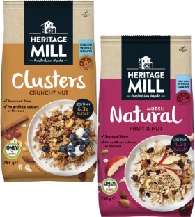 Heritage-Mill-Muesli-or-Clusters-650g-750g on sale