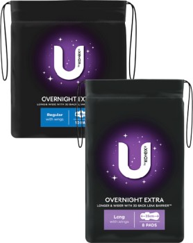U-By-Kotex-Overnight-Extra-Pads-with-Wings-Regular-10-Pack-or-Long-8-Pack on sale