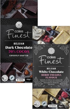 Coles+Finest+70%25+Cocoa+or+Berry+Pavlova+Flavour+Block+Chocolate+90g-100g