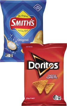 Smiths-Crinkle-Cut-Potato-Chips-or-Doritos-Corn-Chips-150g-170g on sale