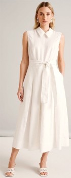 Basque-Sleeve-less-Linen-Blend-Tie-Waist-Dress-Ivory on sale