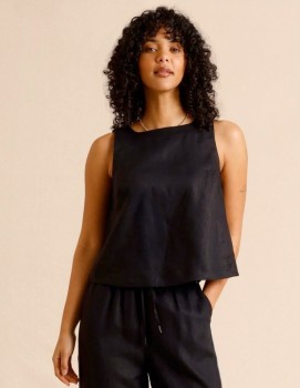 Piper-European-Linen-Square-Neck-Top-Black on sale