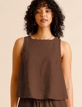 Piper-European-Linen-Square-Neck-Top-Chocolate on sale